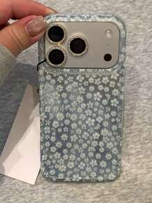 Cute Shiny Pink Flower Phone Case Compatible With IPhone 17ProMax 17Pro 16 15 14 13 12 Pro Max 11, Adorable Spring Floral Anti-Drop Soft Shell - Blue - View 3
