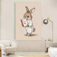 Enmarcado lámina decorativa de pared de 30 x 40 cm para guardería: un lindo conejito durmiendo en pijama leyendo un libro, decoración beige para la habitación, regalo para baby shower, pintura para dormitorio y guardería, póster en lienzo  y decoración de la habitación, diseño plano 2D, perfecto para la decoración de la habitación. - Enmarcado - Ver 1