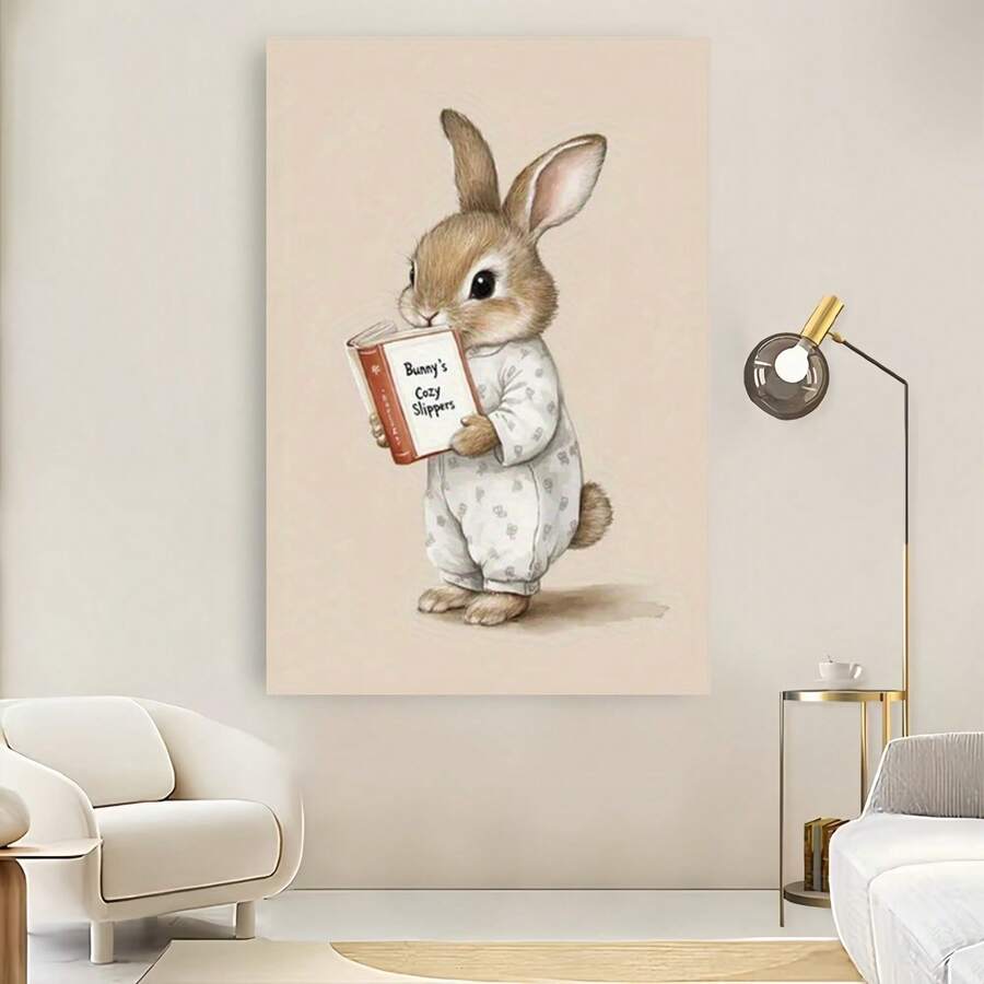 Enmarcado lámina decorativa de pared de 30 x 40 cm para guardería: un lindo conejito durmiendo en pijama leyendo un libro, decoración beige para la habitación, regalo para baby shower, pintura para dormitorio y guardería, póster en lienzo  y decoración de la habitación, diseño plano 2D, perfecto para la decoración de la habitación. - Enmarcado - Ver 1