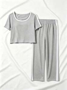 Conjunto informal de primavera y verano para mujer con top negro corto de cuello redondo y pantalones acampanados, conjunto de 2 piezas con ribete de contraste, adecuado para salir - Gris - Ver 2