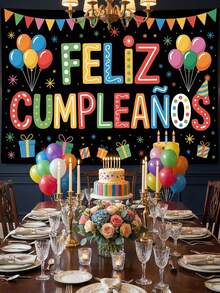 1pc Happy Birthday Backdrop Banner, Spanish "Feliz Cumpleaños" Polyester Wall Decor, Colorful Balloons & Cake Pattern Background, Suitable For Kids & Adults Party Indoor Outdoor Decoration - 1pc - View 3