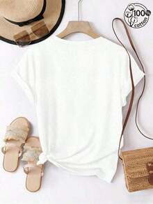 Soft 100% Cotton T-Shirt, 1 Piece, Plus Size Fashion Blouse, Casual Summer T-Shirt For Women, White, With A Perfectly Imperfect Touch, Breathable Cotton T-Shirt For Christmas, Matches Everything And Is Great. - 白色 - 查看 2
