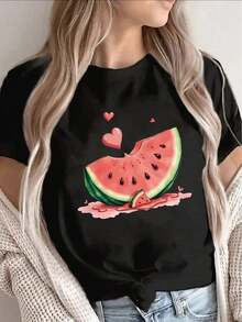 blusas para mujer 1pc Camisetas Gráficas para Mujer, Regalo de San Valentín, Camisetas de Verano con Estampado Gráfico, Camiseta de Manga Corta con Estampado de Sandía para Mujer - Diseño lindo de rodajas de fruta rosa y roja con ojos en forma de corazón, Camiseta de Verano Ligera y Transpirable, Camiseta Casual de Cuello Redondo, Adecuada para Picnics, Playa, Ropa Casual (con gotas de jugo rosa como adorno) - Camiseta de Manga Corta de Cuello Redondo, Estilo Casual, Suave y Transpirable, 100% Algodón para Uso Diario. Adecuado para primavera, verano y otoño - Negro - Ver 1
