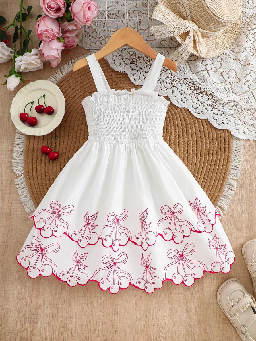 Đầm hai dây xếp lớp in hình quả anh đào cho bé gái, thiết kế viền bèo nhún, năng động và nhẹ nhàng, thích hợp cho mặc hàng ngày vào mùa hè, dã ngoại công viên, kỳ nghỉ biển, tiệc sinh nhật. - Đỏ và trắng - Xem 1