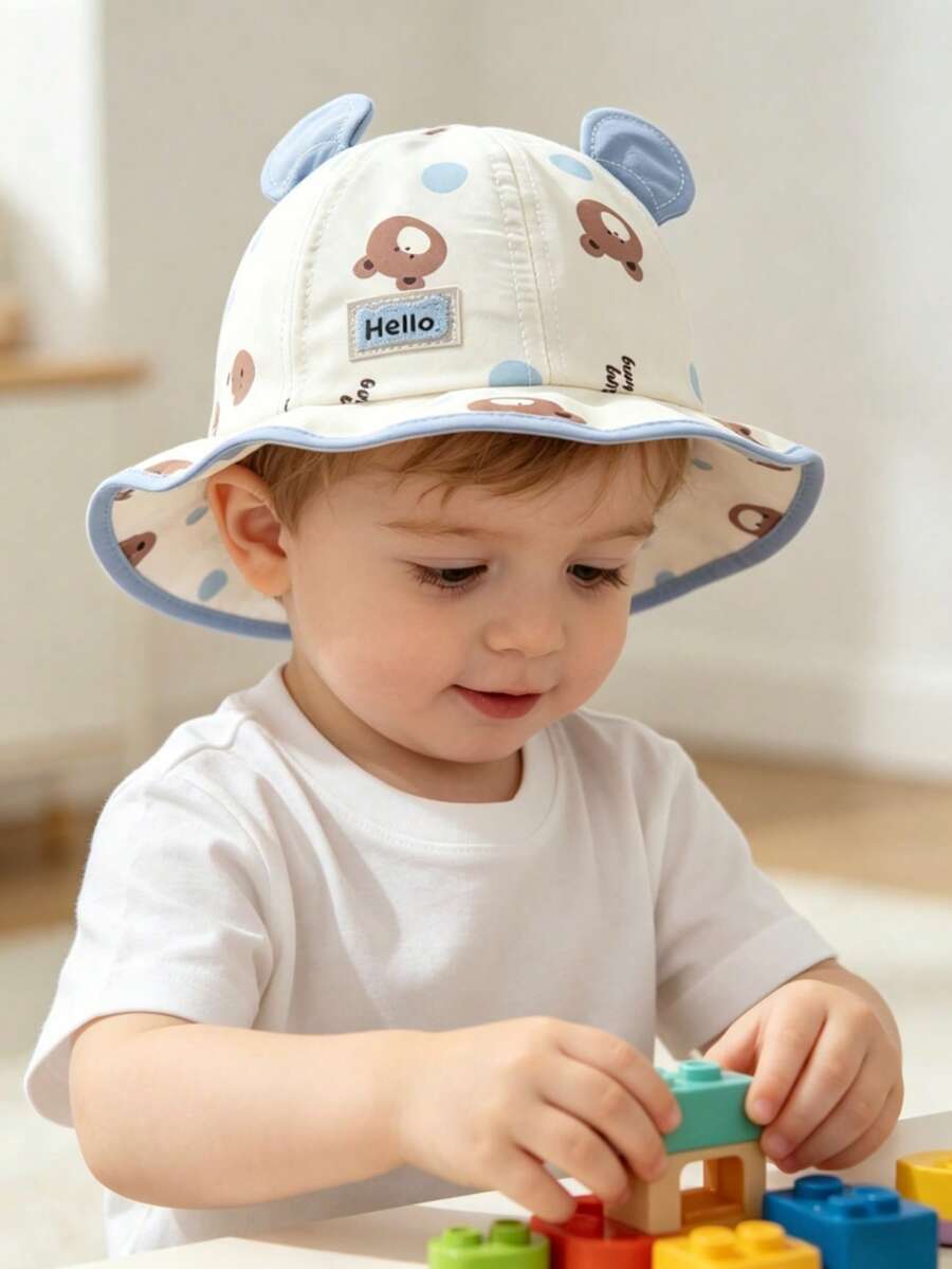 1件嬰幼兒3D熊造型水桶帽,可愛動物耳夏季遮陽帽,透氣輕便,適合戶外健行露營旅行,女童帽、女童配件、男童帽、兒童沙灘配件、嬰兒帽、旅行必備 - 彩色 - 查看 1