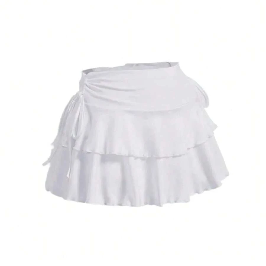 Minifalda corta con cordones de Color liso para niñas, falda acampanada de cintura alta ajustada con volantes, vestido de pastel para adolescentes, minifaldas plisadas de verano - Blanco-M - Ver 1