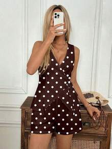 Conjunto elegante de resort casual para mujer con camisa tipo chaleco con lazo cruzado y dobladillo asimétrico, y shorts de frente abierto de algodón - Multicolor 3 - Ver 6