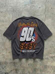 FRACTYR Men's Summer Casual Streetwear | "90s BABY" Racing Graphic Black T-Shirt | Must-Have Retro Streetstyle Piece | Round Neck Short Sleeve Top - Dark Grey - View 4