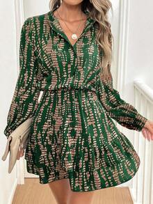Vestido corto de otoño para mujer, estampado abstracto, cuello camisero, manga larga y falda con volantes - Multicolor 2 - Ver 8