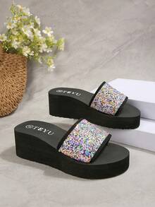 Summer Rhinestone & Pearl Thick-Sole Slip-On Sandals, Black Non-Slip Outdoor Wear, Casual Vacation Style Soft-Bottom Wedge Slippers, Suitable For Indoor & Outdoor, Comfortable & Versatile - Black S28 - View 7