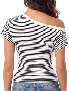 Blusas de mujer con hombros descubiertos y rayas, camisas asimétricas de manga corta a la moda para salir, tops de estilo urbano. - Negro - Ver 6