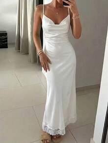 Đầm maxi xòe hai dây màu trắng bằng satin thanh lịch dành cho nữ - Màu be - Xem 1