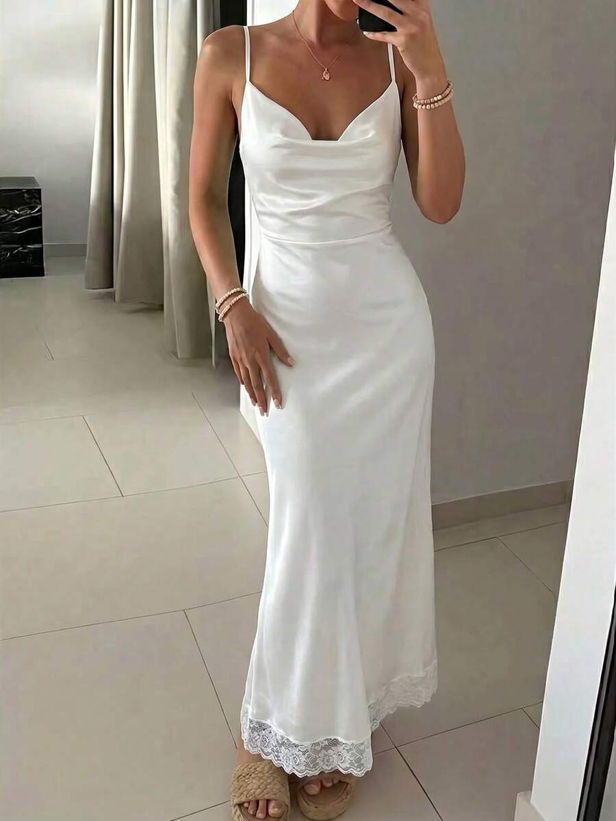 Đầm maxi xòe hai dây màu trắng bằng satin thanh lịch dành cho nữ - Màu be - Xem 1