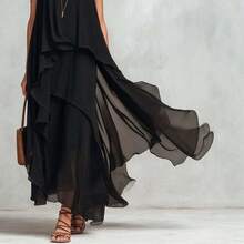 Women's Chiffon Layered Wide Leg Jumpsuit, Sleeveless Flowy Asymmetrical Overlay Jumpsuit, Elegant High Low Hem Formal Jumpsuit, Casual Bohemian Chiffon Overlay Jumpsuit, Evening Party Sheer Layered Palazzo Jumpsuit - màu đen - Xem 6