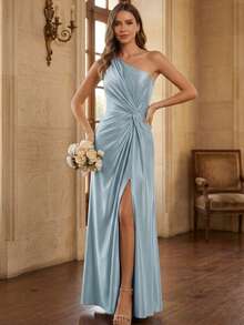 Luxury Romantic Satin Asymmetric Neckline Ruched Waist Blue Bridesmaid Dress, Fitted Silhouette, Suitable For Spring/Summer Wedding Guest, Prom, Graduation Party, Vacation - Baby Blue - View 1