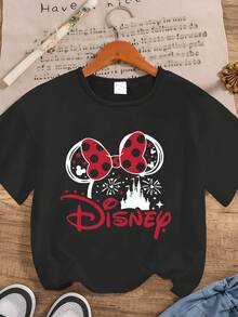A Women's Short-Sleeved T-Shirt, Disney Minnie Mouse Image Printed T-Shirt, Casual And Fashionable Short-Sleeved T-Shirt, Slightly Elastic, Opaque, Easy To Care For Materials, Ideal For Daily Wear, Women's T-Shirt As A Gift, Unisex, Excellent Gift, Couple Shirt. - màu đen - Xem 1
