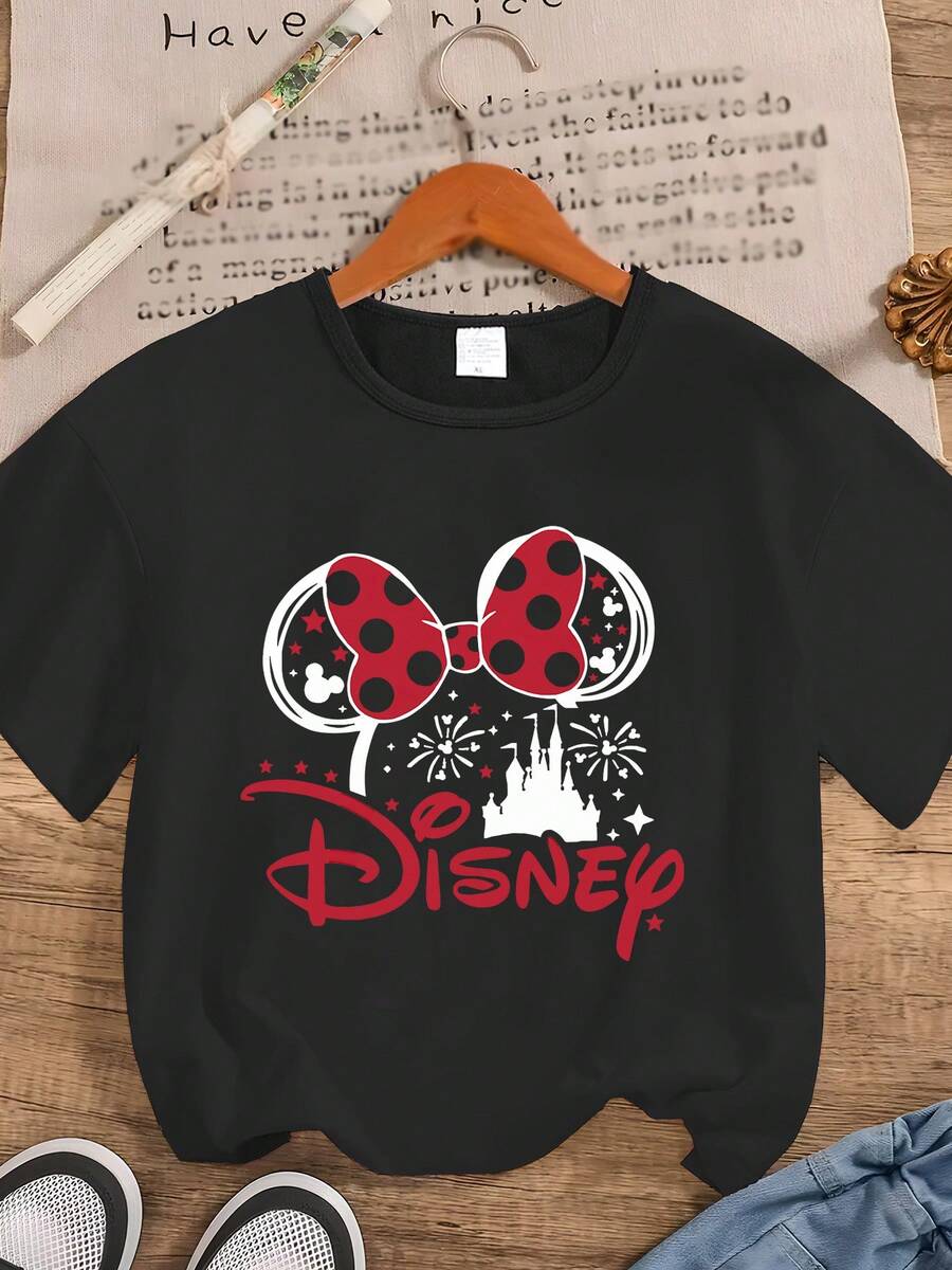 A Women's Short-Sleeved T-Shirt, Disney Minnie Mouse Image Printed T-Shirt, Casual And Fashionable Short-Sleeved T-Shirt, Slightly Elastic, Opaque, Easy To Care For Materials, Ideal For Daily Wear, Women's T-Shirt As A Gift, Unisex, Excellent Gift, Couple Shirt. - màu đen - Xem 1