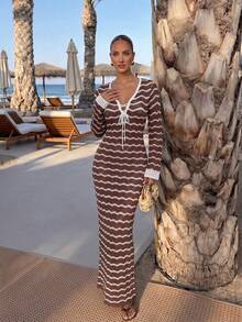 Vestido de manga larga con escote en V profundo a rayas azul y blanco de estilo casual y vacacional para mujer, vestido largo bohemio y sexy para fiestas en la playa y vacaciones de verano - Café rojo con blanco roto - Ver 6