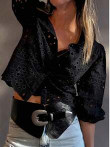 Camisa de mujer de un solo pecho bordada, para uso casual y diario, ideal para vacaciones de verano - Negro - Ver 4