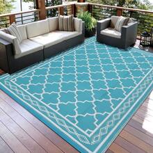 Modern Diamond Border Reversible Outdoor Area Rug UV Resistant Stain Resistant Waterproof Camping Carpet For RV Trip Beach Vacation Patio Backyard - Light Blue/white - View 1