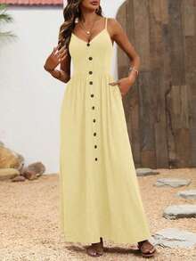 xheBreezaya Vestido casual de cuello en V tipo cami con silueta evasé amplia, estilo de playa maxi para vacaciones, conjunto de ropa de playa para mujeresxhe - Albaricoque - Ver 2
