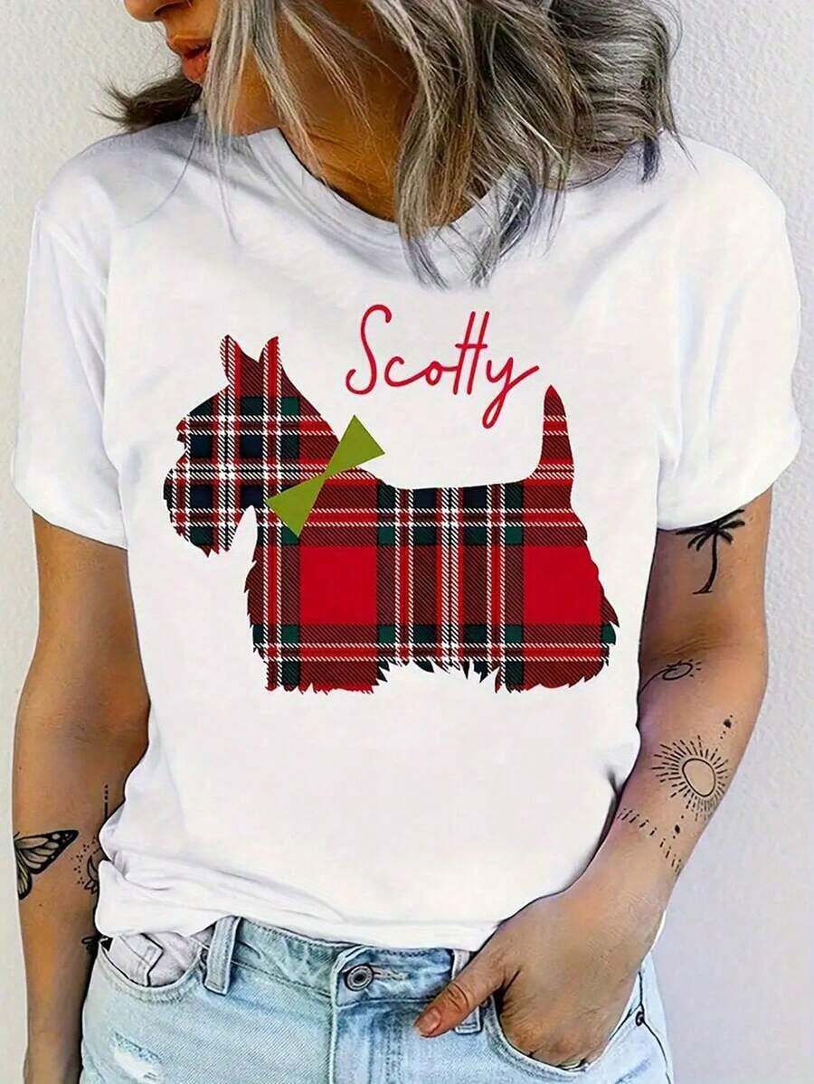 Camiseta Blanca para Mujer - Lindo Gráfico de Scottish Terrier con Cuadros Rojos, Camiseta Suave para Uso Diario para Amantes de Perros, Regalo de Cumpleaños o Navidad para Dueños de Mascotas, Ropa Casual, Estampado Divertido, Material Transpirable, Camiseta de Manga Corta, Ideal para Amantes de Animales, Adecuada para primavera, verano y otoño. - Blanco - Ver 1