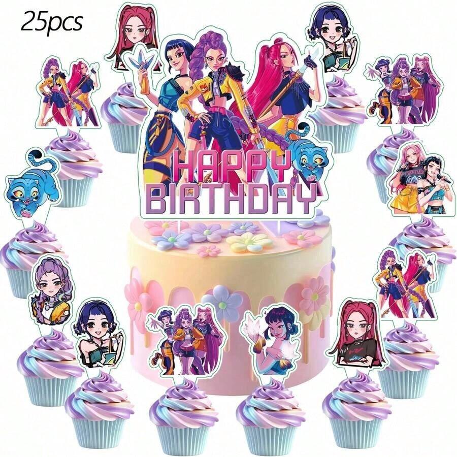 Hasbro 25 piezas Conjunto de decoraciones para pastel de cumpleaños con temática de chica anime, decoraciones de magdalenas con estilo mágico, adecuado para suministros de fiesta con temática de superhéroes lindos - Inserto de pastel de dibujos animados - Ver 1