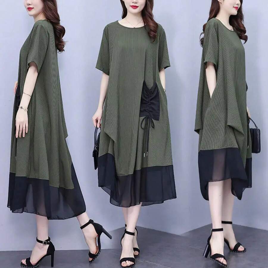 Vestido de seda helada de talla grande para mujer, nuevo estilo primavera-verano, diseño de falda irregular de cintura media,... - verde - Ver 1