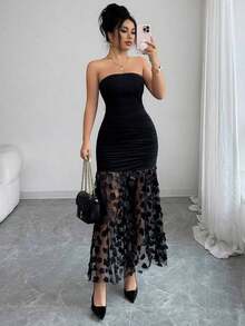 Elegante y lujoso vestido de noche para mujer de unicolor, con cintura fruncida, ajuste ceñido y contraste de malla floral - Negro - Ver 8