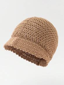 1pc Women's Fashionable Solid Color Versatile Hollow Thin Brimmed Handmade Crochet Beanie Hat, Suitable For Boho Style Daily Wear, Spring/Autumn - A - View 12