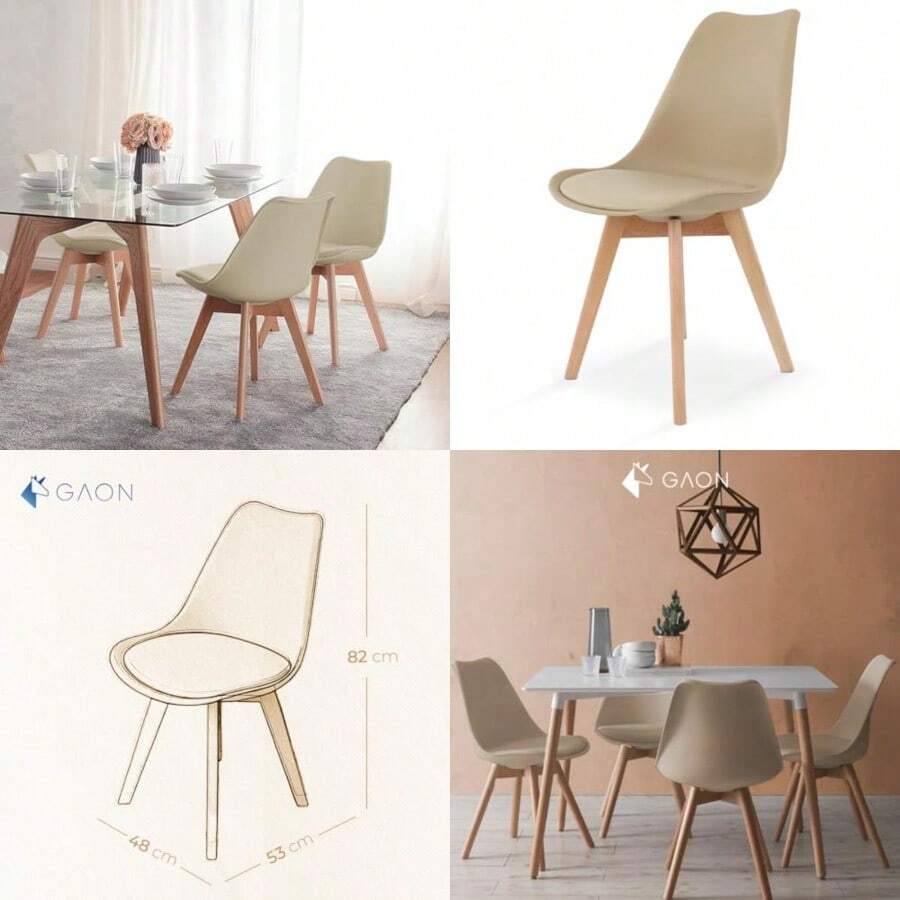 Silla de Comedor Moderna con Asiento Acolchado de Diseño Minimalista Tipo Eames Tulip - Silla Ergonomica Acojinada con Estructura de Madera Ideal para Interior - Beis - Ver 1