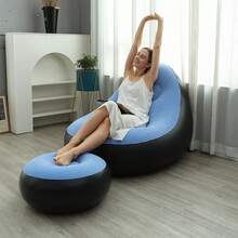 1pc PVC Flocked Inflatable Sofa, Includes Leg Rest, Suitable For Home, Outdoor, Leisure, Thickened Air Mattress Lounger Sofa Bed, Balcony, Home Use Leisure Siesta Recliner, Foldable Sofa Lounger With Footrest, Camping Equipment - Multicolor - View 13