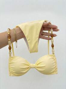 Bikinx Women's Halter Neck Back Tie Bikini Set, Bohemian Style Contrast Color Beaded Shoulder Straps, Suitable For Beach Vacation Summer Yellow - Yellow - View 10