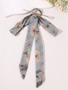 1pc Retro Faux Pearl Hair Clip, New Chinese Style Minimalist Hair Accessory, Elegant Silk Scarf Floral Print Long Ribbon Hair Clip, Birthday Party Gift,Festival,Travel - Baby Blue - View 9
