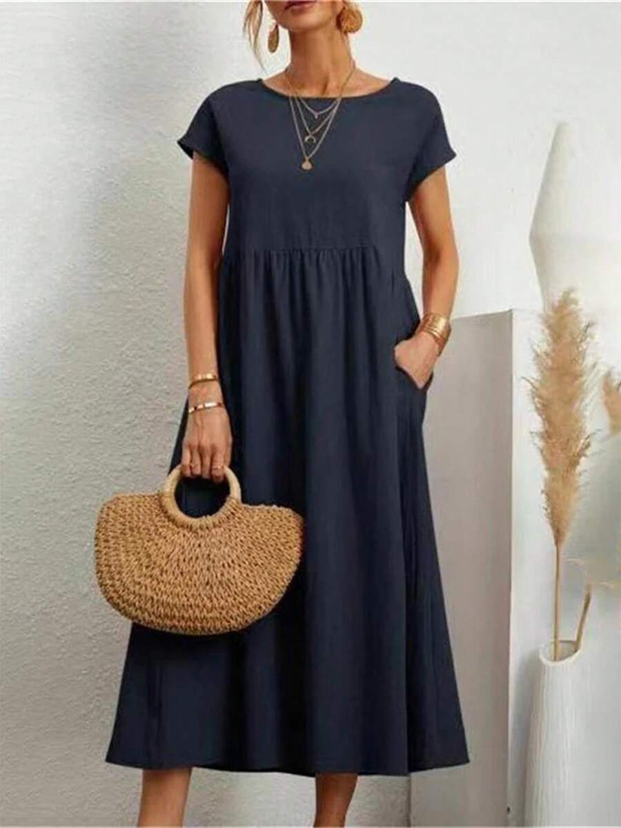 Vestido largo holgado de lino y algodón para mujer, prenda elegante y lisa de manga corta con cuello redondo, Estilo Vintage Harajuku, Y2K - Azul marino - Ver 1