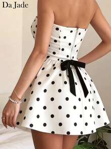 Da Jade New Slim Fit Waist Gathering Pleated Strapless Mini Dress For Women - White - View 6