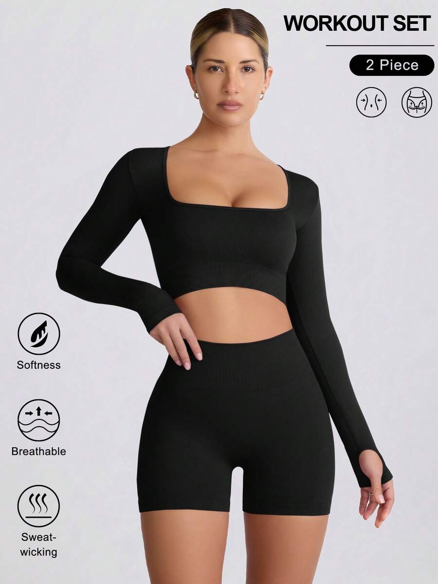VVX Women's Seamless Sports Yoga Set Long-Sleeved Shorts Thumbholes Slim High-Waist Tummy Control Sports Set - 黑色 - 查看 1
