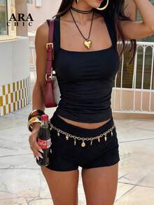 Áo tank top nữ ARA CHIC màu đen cổ vuông, xếp ly eo, ôm sát, đa năng cho mùa hè, hàng mới về. - màu đen - Xem 1