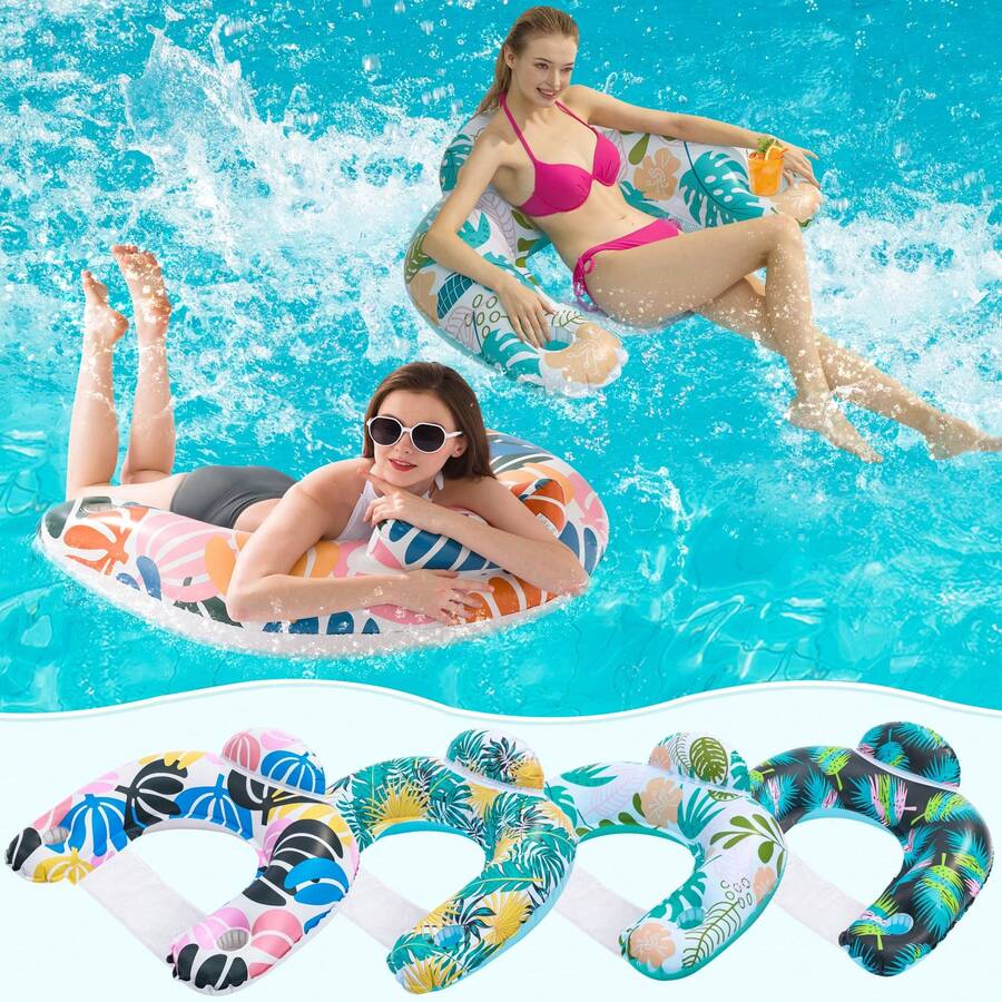 1pc Inflatable Pool Float Chair, U-Shaped Adult Pool Floating Boat With 2 Cup Holders, PVC Inflatable Water Floating Lounger For Pool Relaxation, Sunbathing, Water Activities, Pool Party, Beach Vacation And Summer Water Sports, Family Water Fun, Outdoor Water Leisure Equipment, Ideal Gift For Pool Lovers, Pool Float, Best Choice For Summer Water Activities, Pool Essential, Beach Supplies, Summer Holiday - Multicolor - View 1