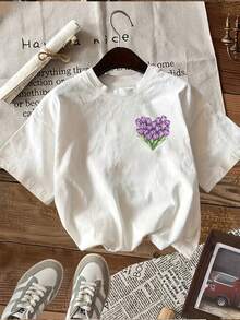 Summer Tops [Double Side Print] Women's Spring/Summer Tops, Fresh Style, Tulip Flower And Green Leaf Print, Casual Short Sleeve Round Neck T-Shirt, Cotton T-Shirt, Summer Outfit. - White - View 2