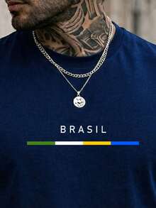 Men's T-Shirt, Brazil Stripe Blouse, Summer Short Sleeve Shirt, Premium Cotton - Navy Blue - View 2