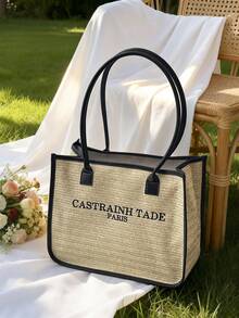 Niche Design Straw Tote Bag, Letter Print, Large Capacity, Casual Vacation Style Shoulder Bag For Women - Khaki - View 8