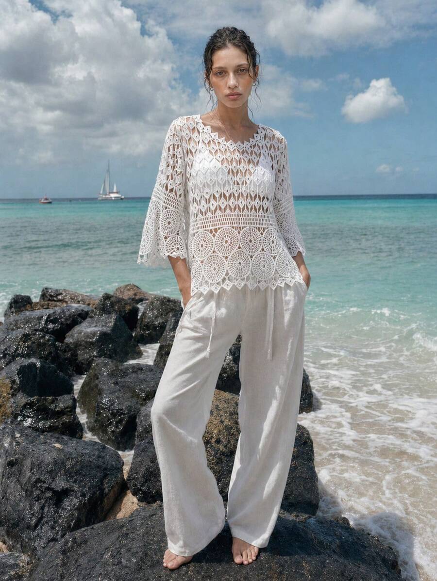 Áo kiểu ren móc sang trọng màu trắng kiểu Bohemian, thích hợp cho kỳ nghỉ hè ở bãi biển và các bữa tiệc. Áo sơ mi tay lửng khoét rỗng thời trang, phù hợp với trang phục thường ngày mùa xuân. - trắng - Xem 1
