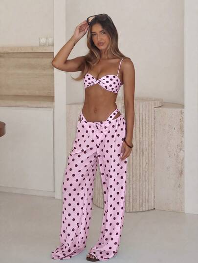 Women's Fashionable Elegant Spring/Summer Beach Vacation Pink-Brown Polka Dot Print Sexy Spaghetti Strap Casual Bikini Set Set With Pants, Suitable For Party And Gathering