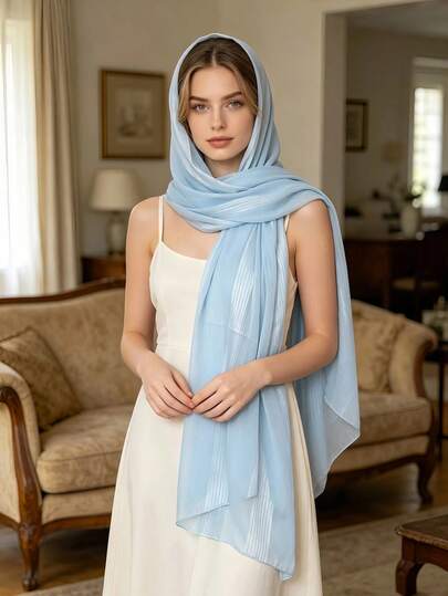 1pc Solid Color Striped Cute Lightweight Chiffon Scarf, Women Summer Beach Shawl Hijab Elegant Satin Silk Scarf