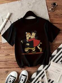 Camiseta de estilo elegante Y2K para mujer con estampado de dibujos animados, manga corta, cuello redondo, top casual, adecuada para todas las estaciones. | Ropa casual a la moda | Estampado de Letras a la Moda - Negro - Ver 3