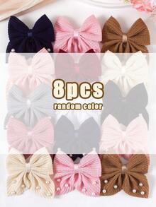 8pcs Random Multi-Color Waffle Pearl Bow Hair Clips, Vintage Soft Girl Daily Versatile Hair Accessories - Multicolor - View 5
