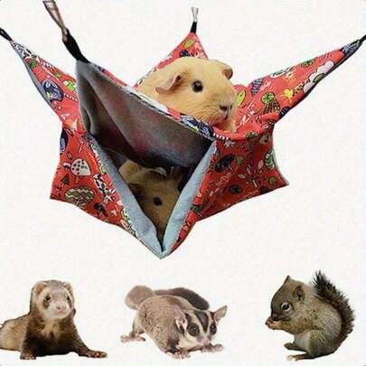 Võng hai lớp dày dặn dành cho thú cưng nhỏ - Tổ ấm áp cho chuột hamster/chuột lang, đệm lồng in hình hoạt hình, giường ngủ bằng cotton treo chống cắn cho thú cưng, giường ngủ mùa đông có thể tháo rời và giặt được.