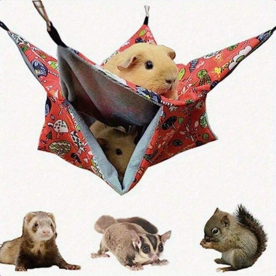 Võng hai lớp dày dặn dành cho thú cưng nhỏ - Tổ ấm áp cho chuột hamster/chuột lang, đệm lồng in hình hoạt hình, giường ngủ bằng cotton treo chống cắn cho thú cưng, giường ngủ mùa đông có thể tháo rời và giặt được. - Xem 1
