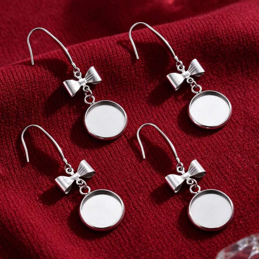 10Pcs 304 Stainless Steel Earring Hooks With Bow Charm, Silver Tone Round Cabochon Bezel Dangle Earring Blanks, DIY Jewelry Making Findings - Earring Setting - View 1
